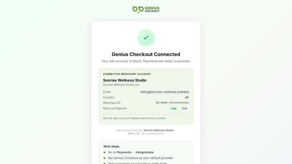 Genius Checkout configuration page with currency, 3DS toggle, and webhook URL fields visible