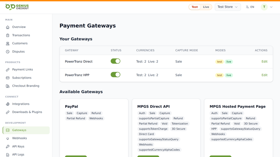 Genius Checkout gateways listing showing MPGS, PowerTranz, Wompi, and Stripe as connectable processors