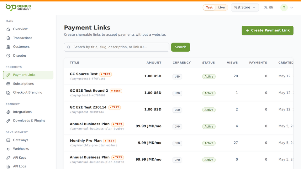 Genius Checkout payment links dashboard showing three live links with QR codes and copy buttons