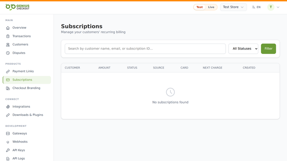 Genius Checkout subscription dashboard listing active recurring subscriptions, their next renewal dates, and statuses