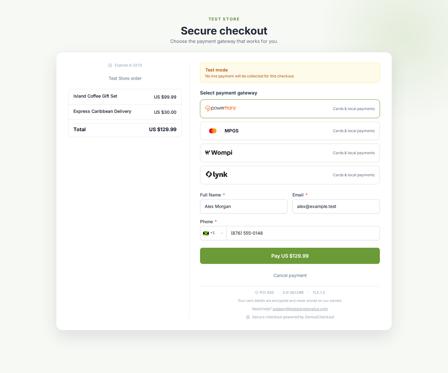 A Test Store checkout showing MPGS as a distinct Genius Checkout gateway choice