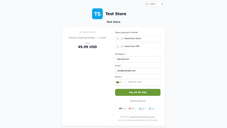 Genius Checkout payment screen rendering inside a GoHighLevel funnel, showing a card form branded for the merchant