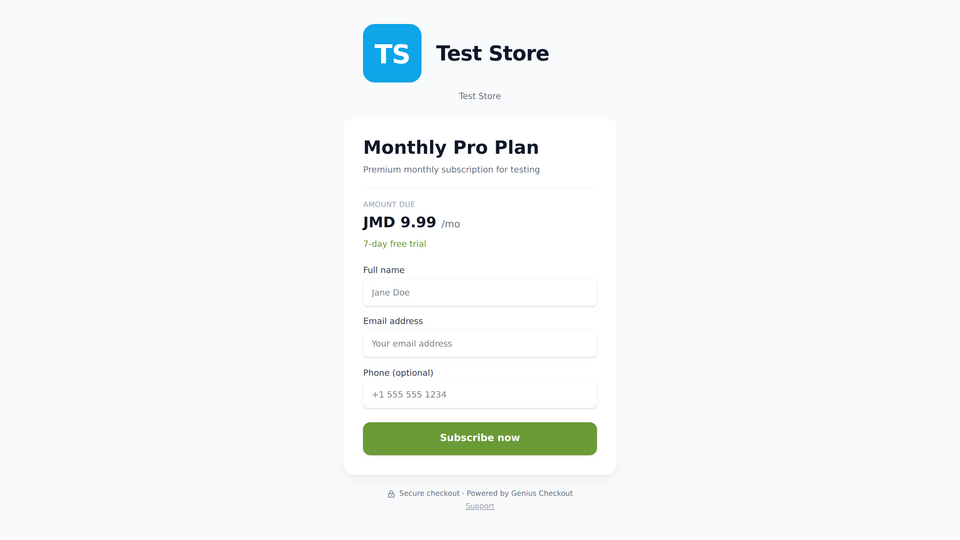 Genius Checkout subscription payment link configuration showing interval, trial, and setup fee fields