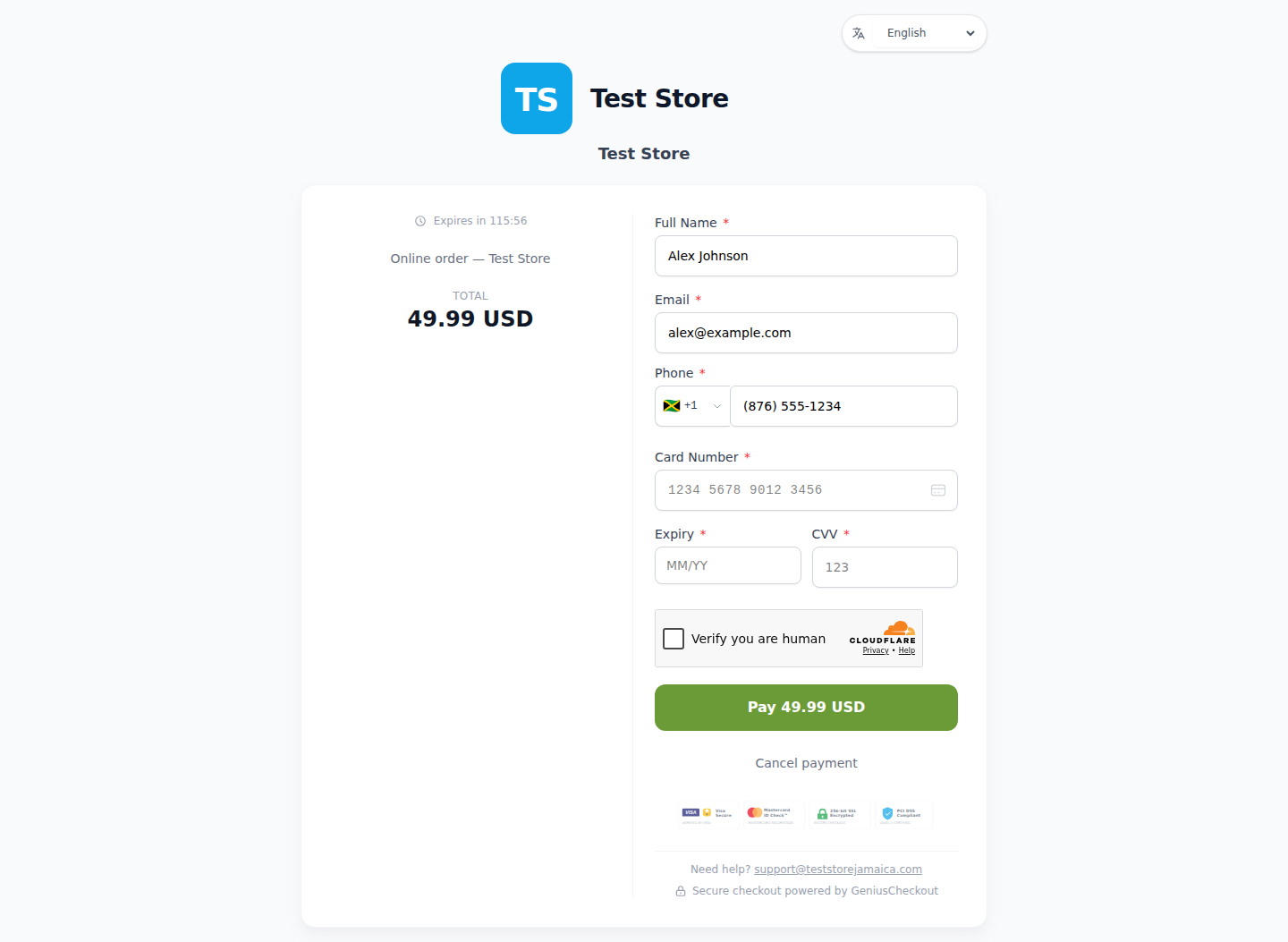 Pago en Genius Checkout Test Store con solo Powertranz Direct habilitado