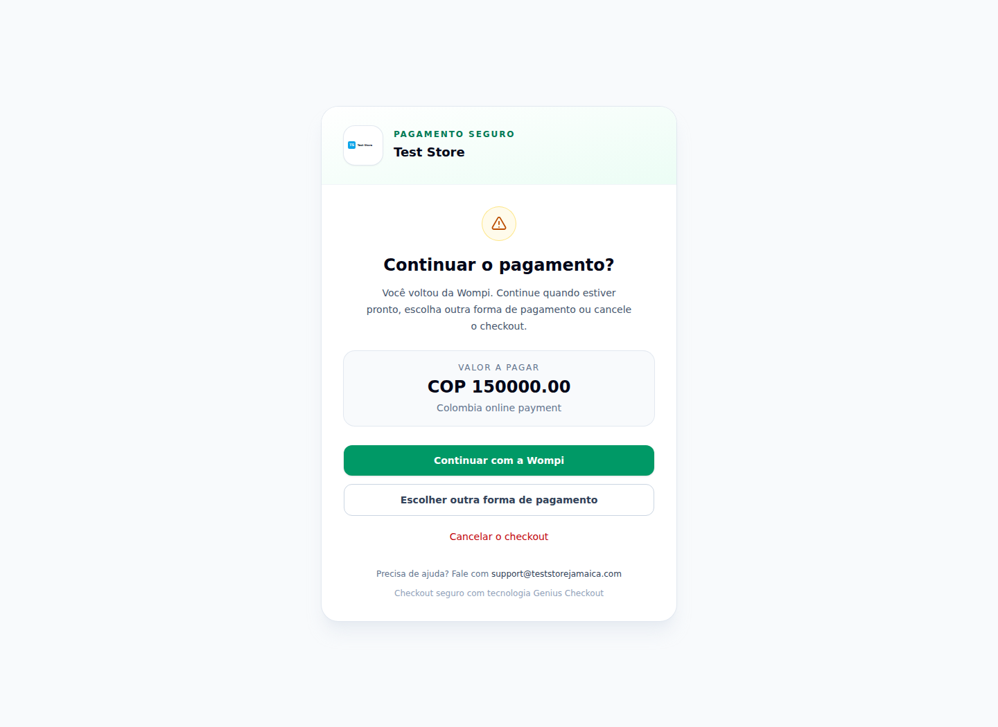 Tela real de retorno Wompi no Genius Checkout