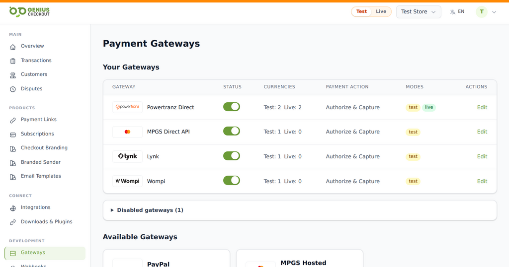 Genius Checkout Test Store gateway settings showing Lynk as a separate wallet service