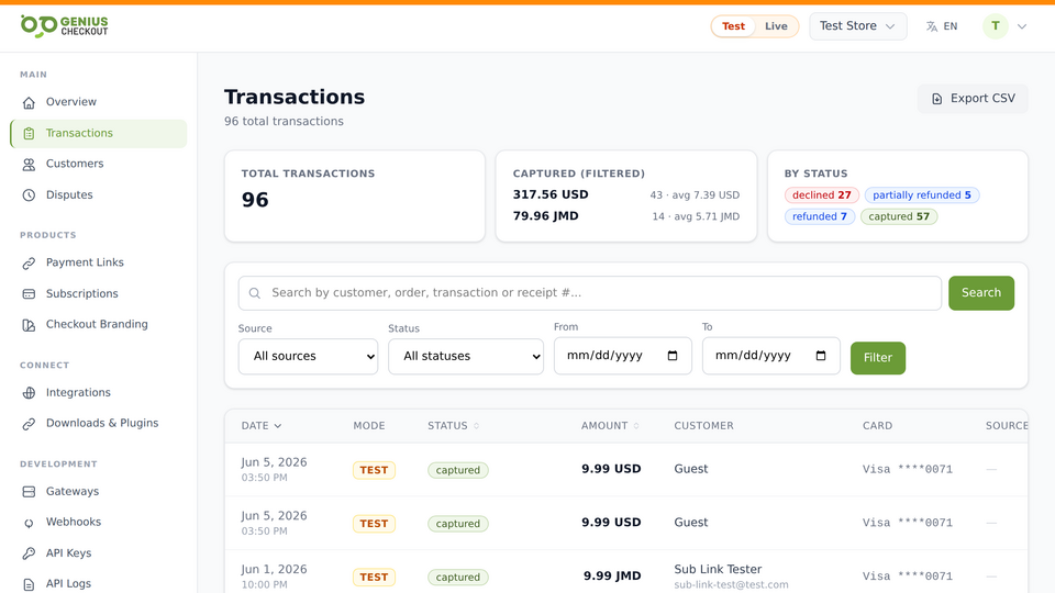 Filterable transaction list with status pills