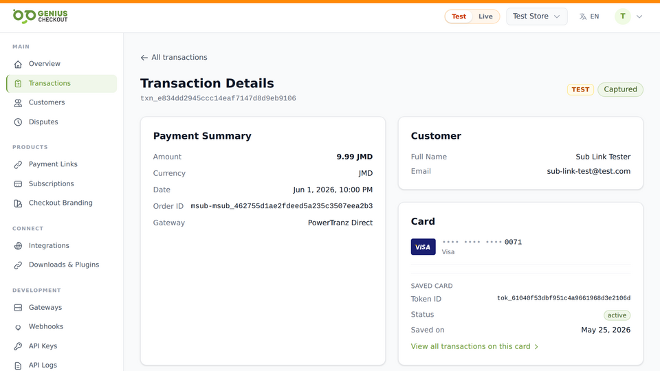 Transaction detail page with 3-D Secure breakdown and refund actions